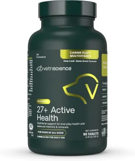 VetriScience 27  Active Health Chewable Tablets, Canine Plus Daily Multivitamin for Puppies and Adult Dogs, Balanced Vitamins, Minerals and Antioxidants, Health and Wellness Support, Duck, 90 Count