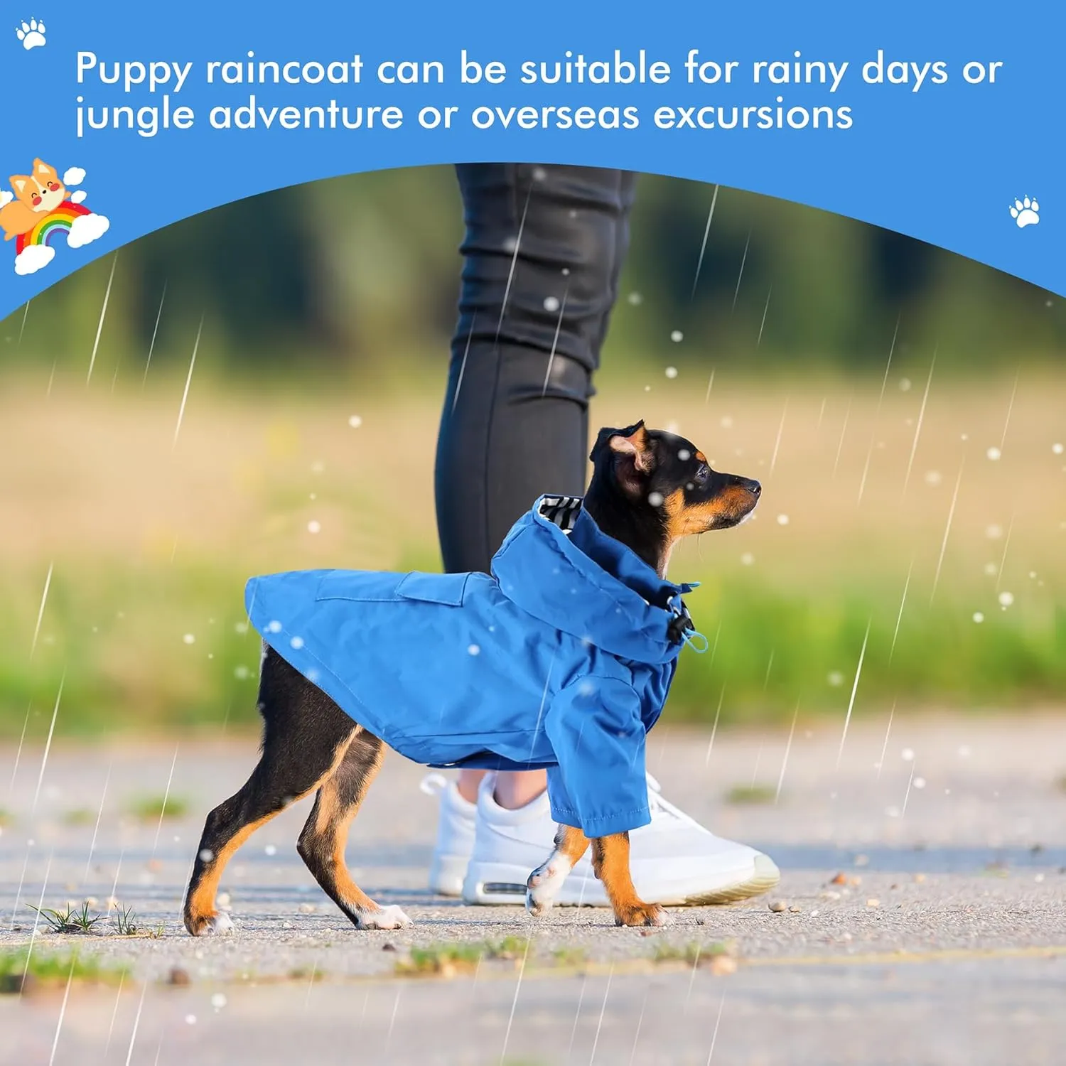 Waterproof Dog Raincoat Jacket with Hood Lightweight Adjustable Drawstring Dog Raincoat Poncho for Small Medium Puppy (Blue, XS)