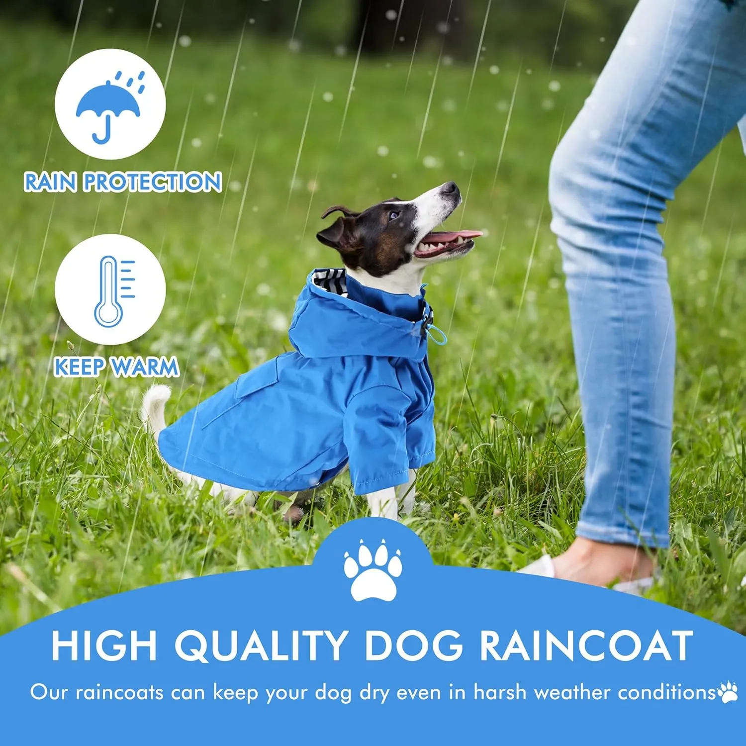 Waterproof Dog Raincoat Jacket with Hood Lightweight Adjustable Drawstring Dog Raincoat Poncho for Small Medium Puppy (Blue, XS)