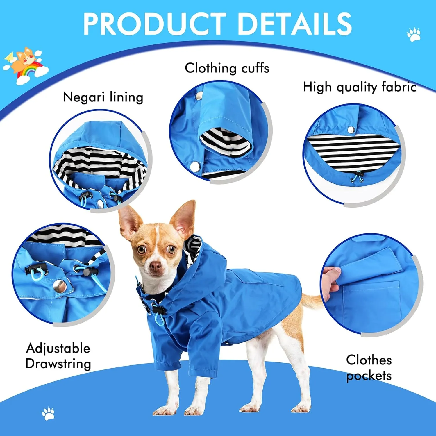 Waterproof Dog Raincoat Jacket with Hood Lightweight Adjustable Drawstring Dog Raincoat Poncho for Small Medium Puppy (Blue, XS)