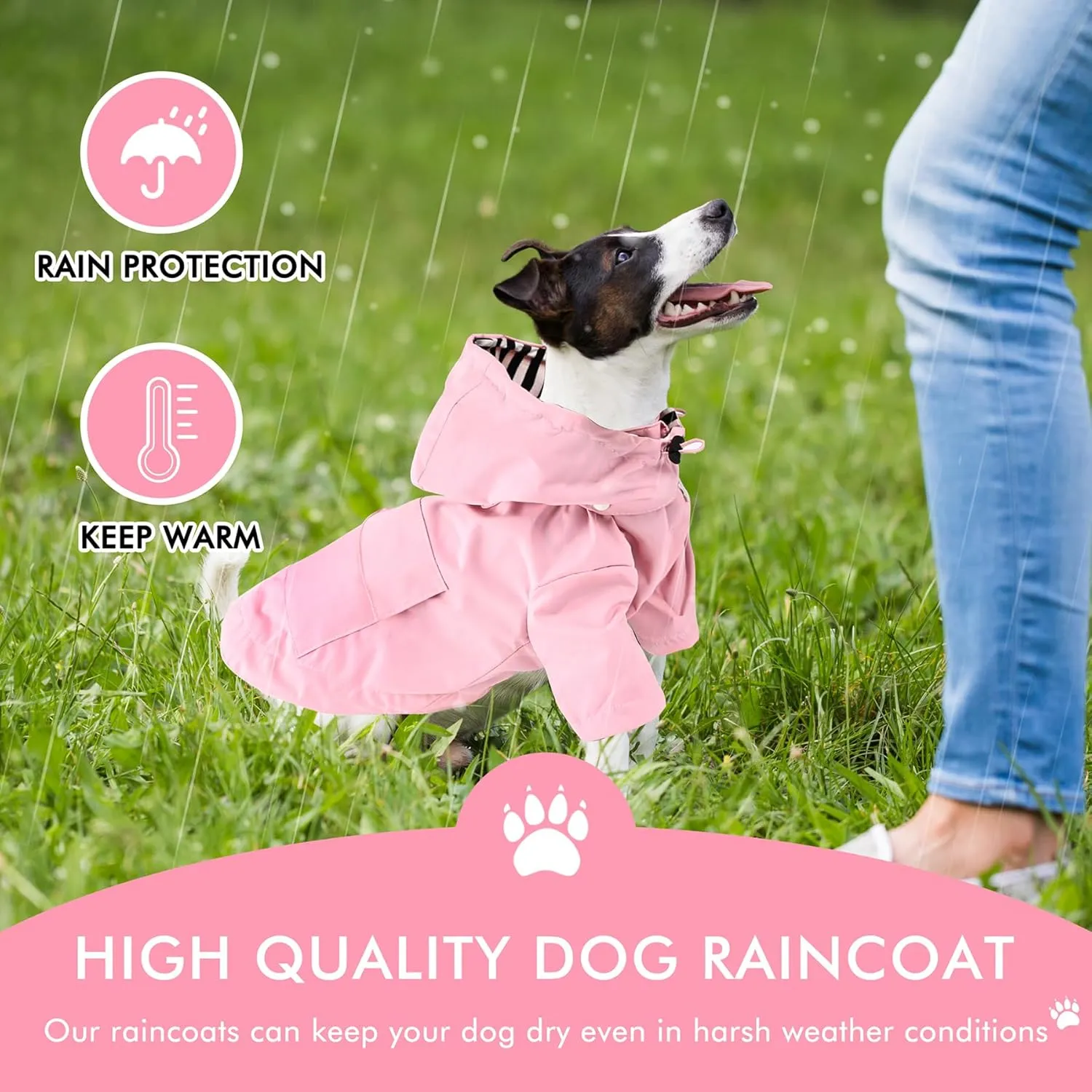 Waterproof Dog Raincoat Jacket with Hood Lightweight Adjustable Drawstring Dog Raincoat Poncho for Small Medium Puppy (Pink, XS)