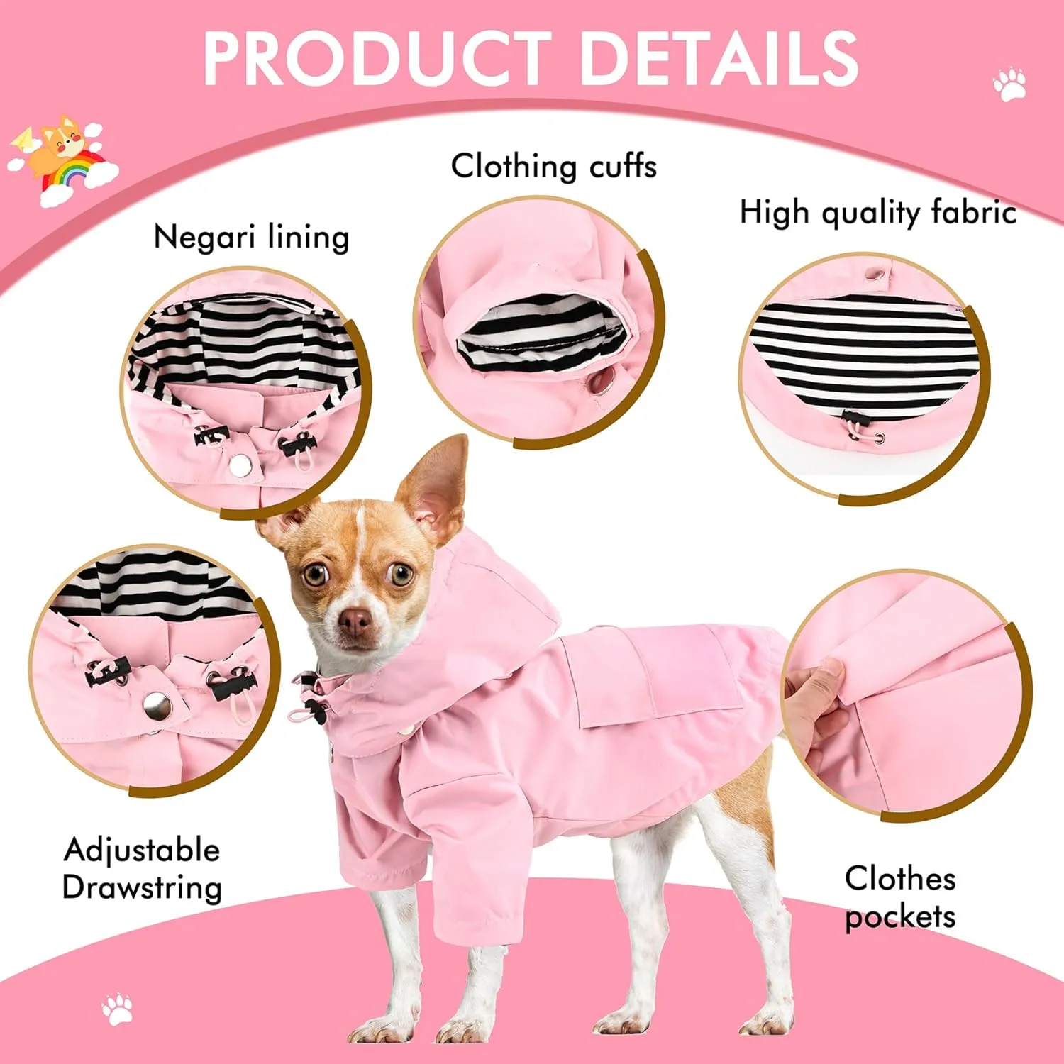 Waterproof Dog Raincoat Jacket with Hood Lightweight Adjustable Drawstring Dog Raincoat Poncho for Small Medium Puppy (Pink, XS)