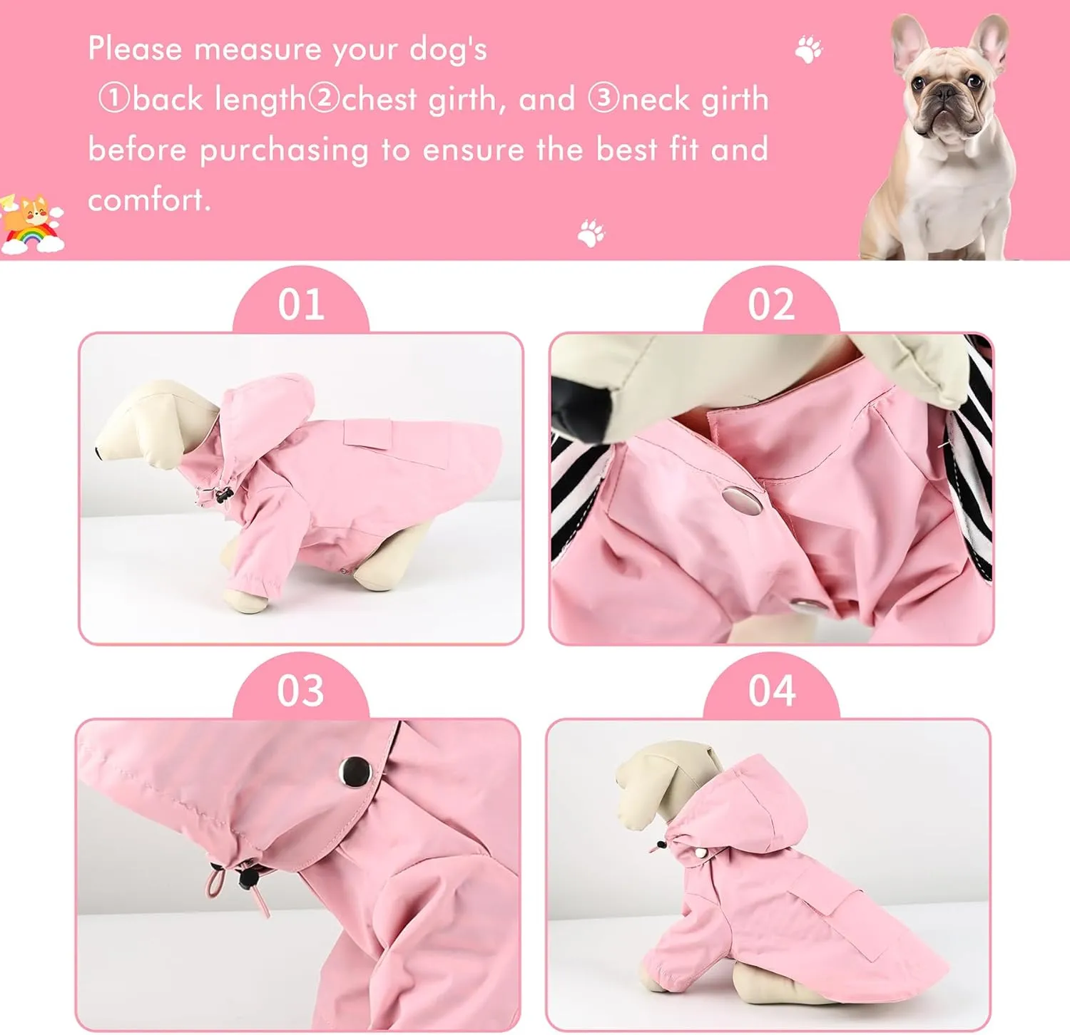 Waterproof Dog Raincoat Jacket with Hood Lightweight Adjustable Drawstring Dog Raincoat Poncho for Small Medium Puppy (Pink, XS)