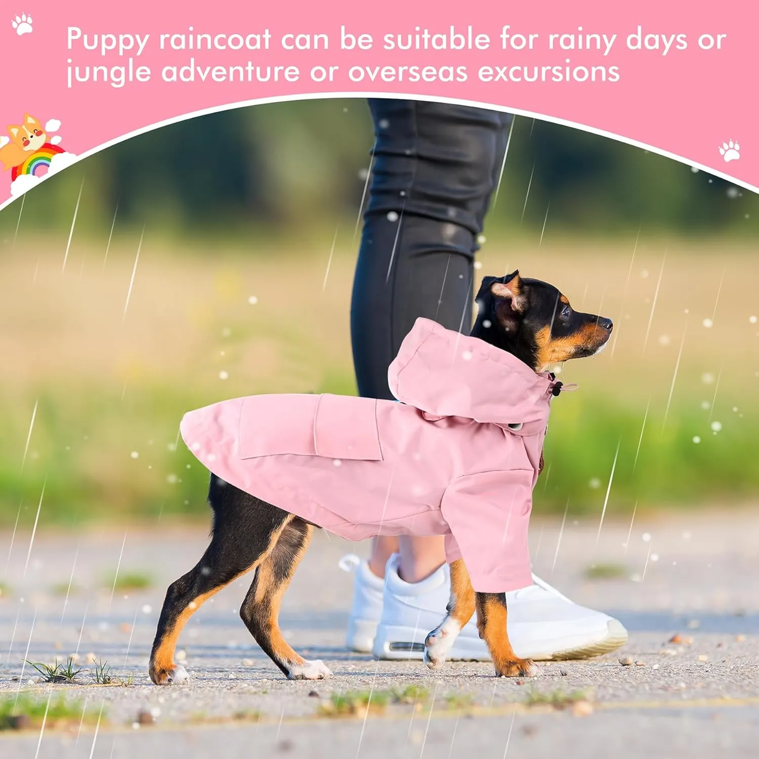 Waterproof Dog Raincoat Jacket with Hood Lightweight Adjustable Drawstring Dog Raincoat Poncho for Small Medium Puppy (Pink, XS)