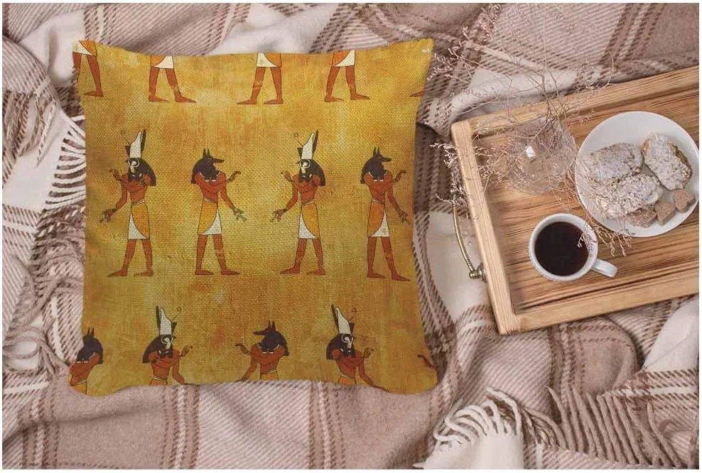 WONDERTIFY Pillow Cover Egyptian Gods Anubis and Horus Africa Antique Grunge Design - Soft Linen Pillow Case for Decorative Bedroom/Livingroom/Sofa/Farm House - Cushion Covers 18x18 Inch