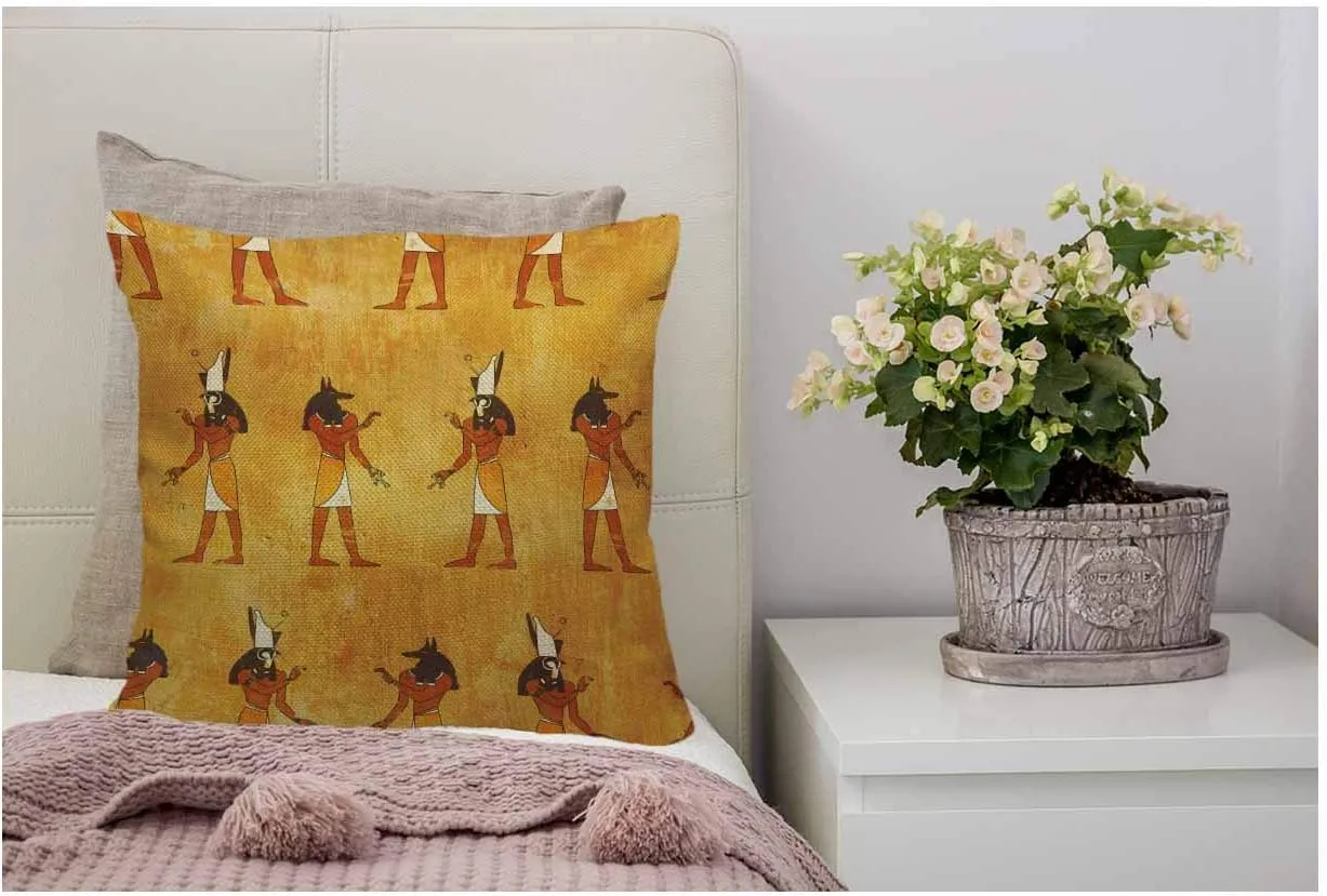 WONDERTIFY Pillow Cover Egyptian Gods Anubis and Horus Africa Antique Grunge Design - Soft Linen Pillow Case for Decorative Bedroom/Livingroom/Sofa/Farm House - Cushion Covers 18x18 Inch