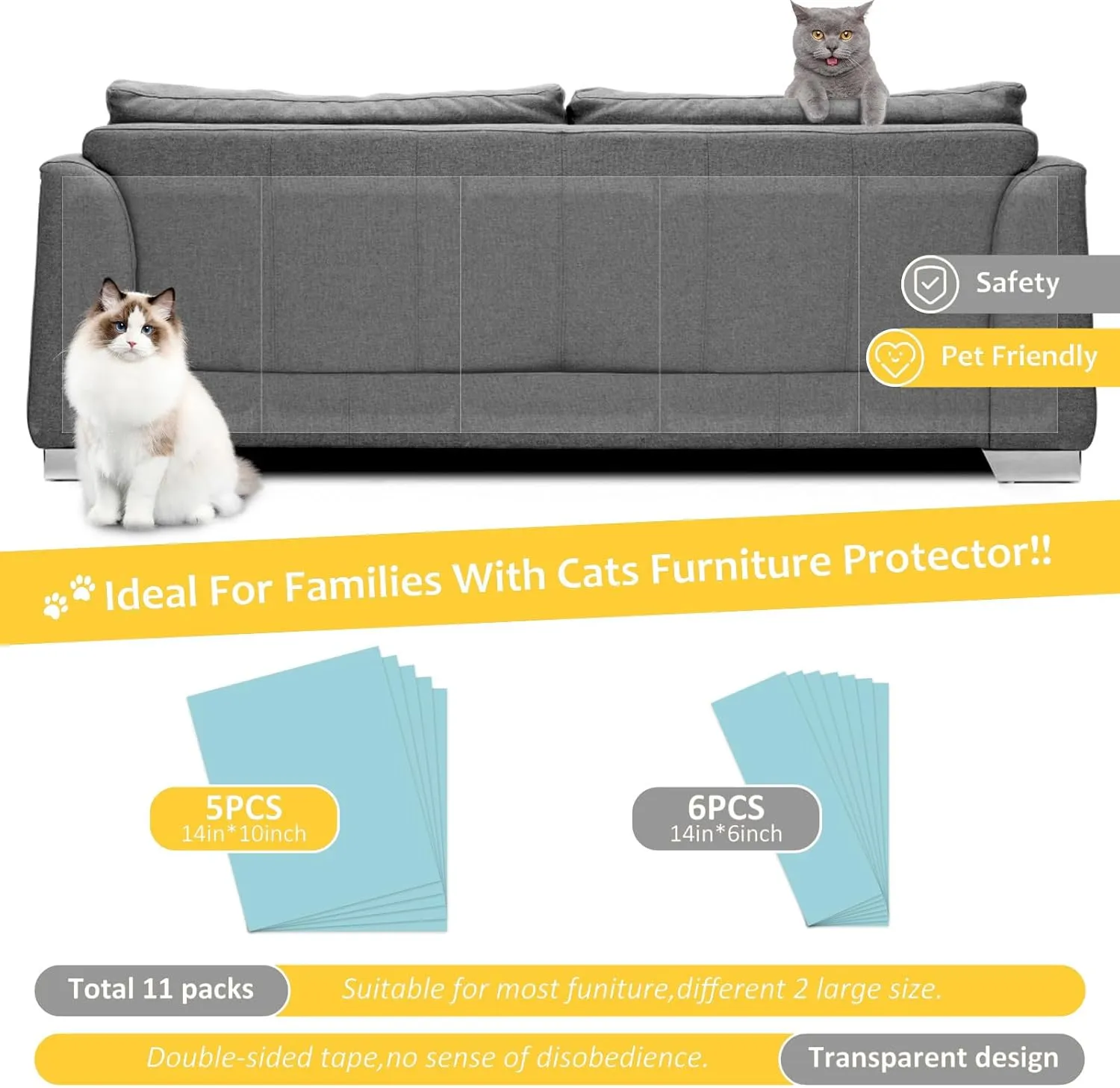 XMZCYMyo Anti Cat Scratch Furniture Protectors, 11PCS Cat Scratch Deterrent Tape, Couch Corner Protectors for Cats, Double Sided Sofa Anti Scratching Sticky Tape