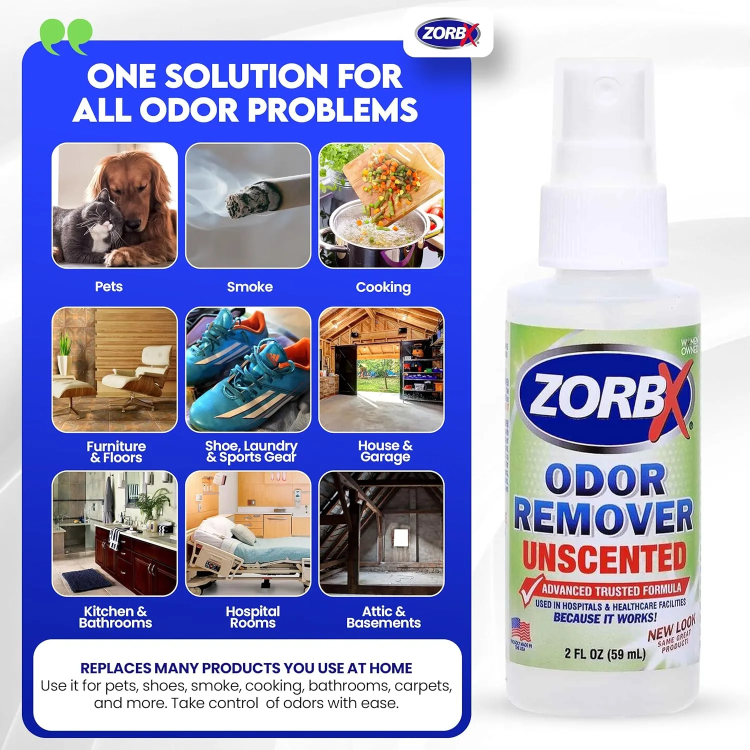 ZORBX Unscented Odor Eliminator for Strong Odor 2 Fl Oz, Pack of 2 - Used in Hospitals & Healthcare Facilities - Advanced Formula, Fast-Acting Odor Remover Spray for Dog, Cat, House & Carpet